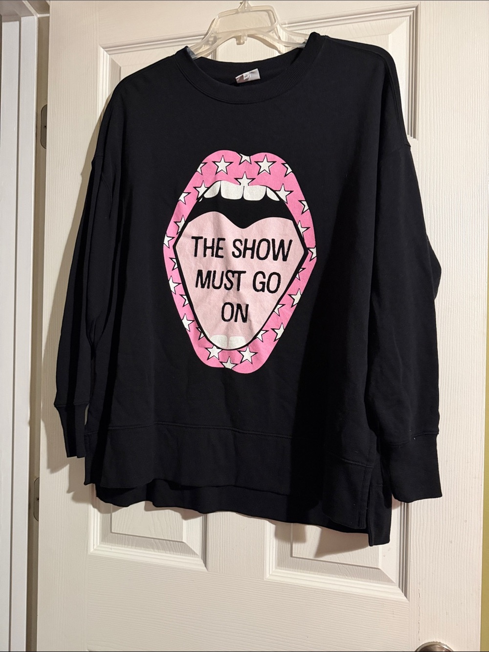 crown & ivy Black Sweatshirt with Pink Star Lip Graphic